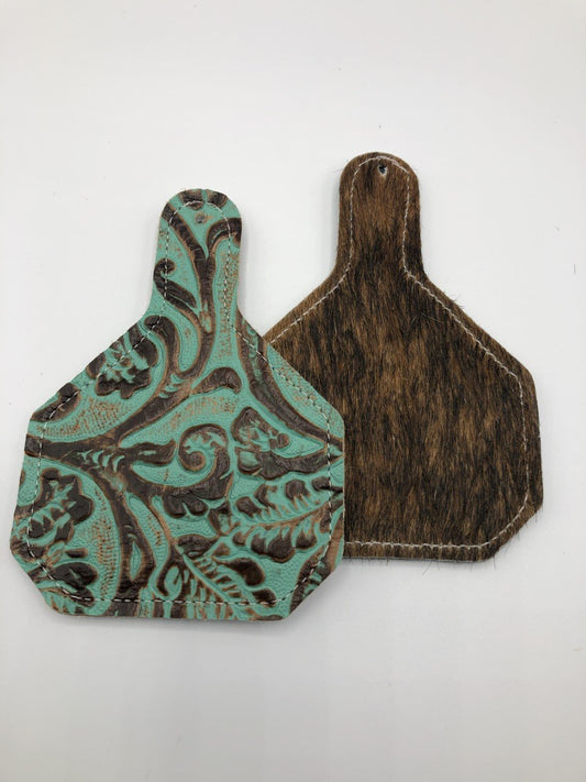 Rescentable Leather - Ear Tag shape Turquoise tooled